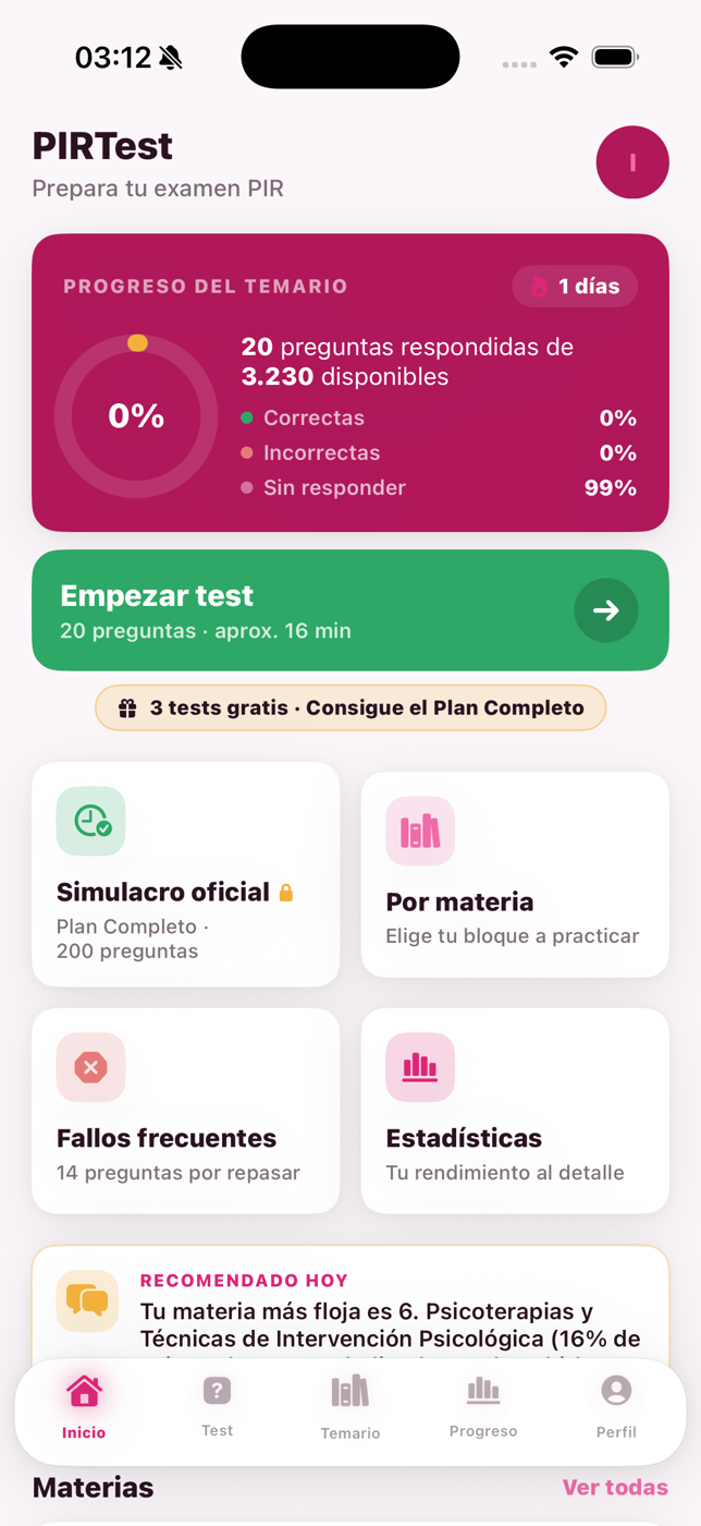 Pantalla de inicio de PIRTest con el progreso del temario
