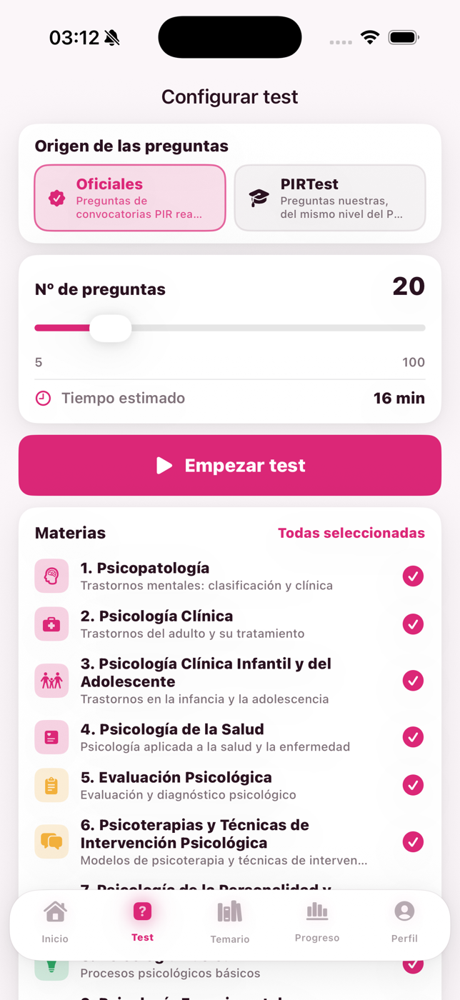 Configurar un test eligiendo materias